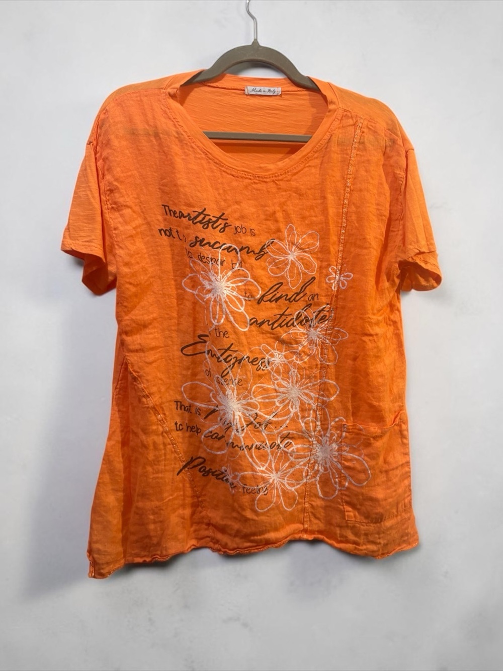 Made in Italy Bright Orange linen cotton blend floral graphic Lagenlook long tee